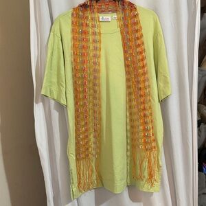 Super soft line tee and colorful sparkly woven scarf